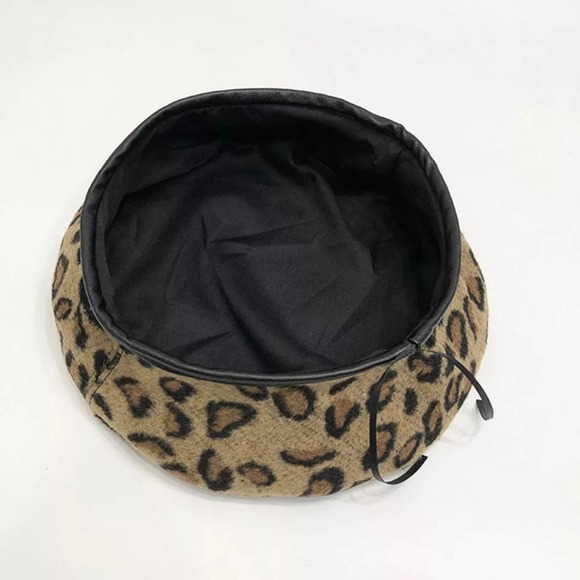 Leopard Beret Hat Tam Beanie Black Leather - Picture 4 of 9